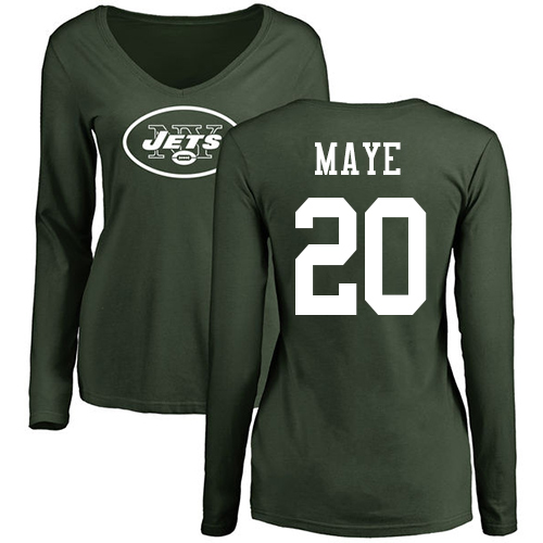 New York Jets Green Women Marcus Maye Name and Number Logo NFL Football #20 Long Sleeve T Shirt->women nfl jersey->Women Jersey